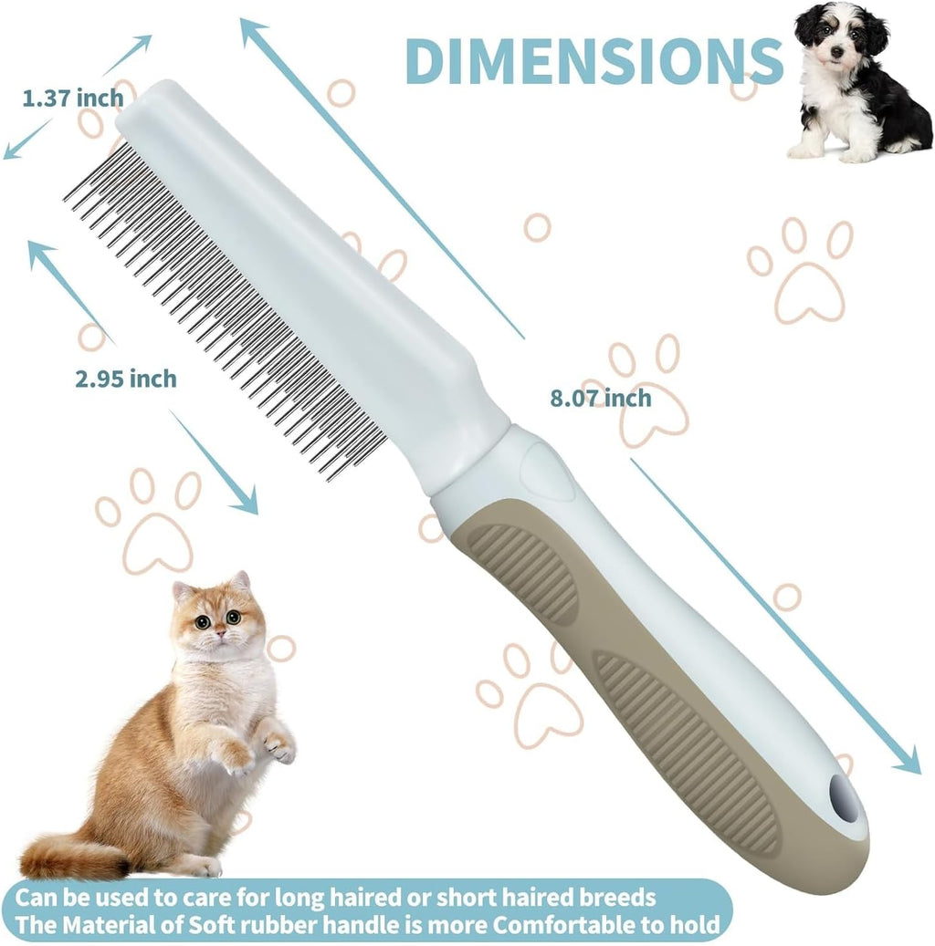 Ergonomic long handled flea comb for pets showing the rounded tips for skin protection.