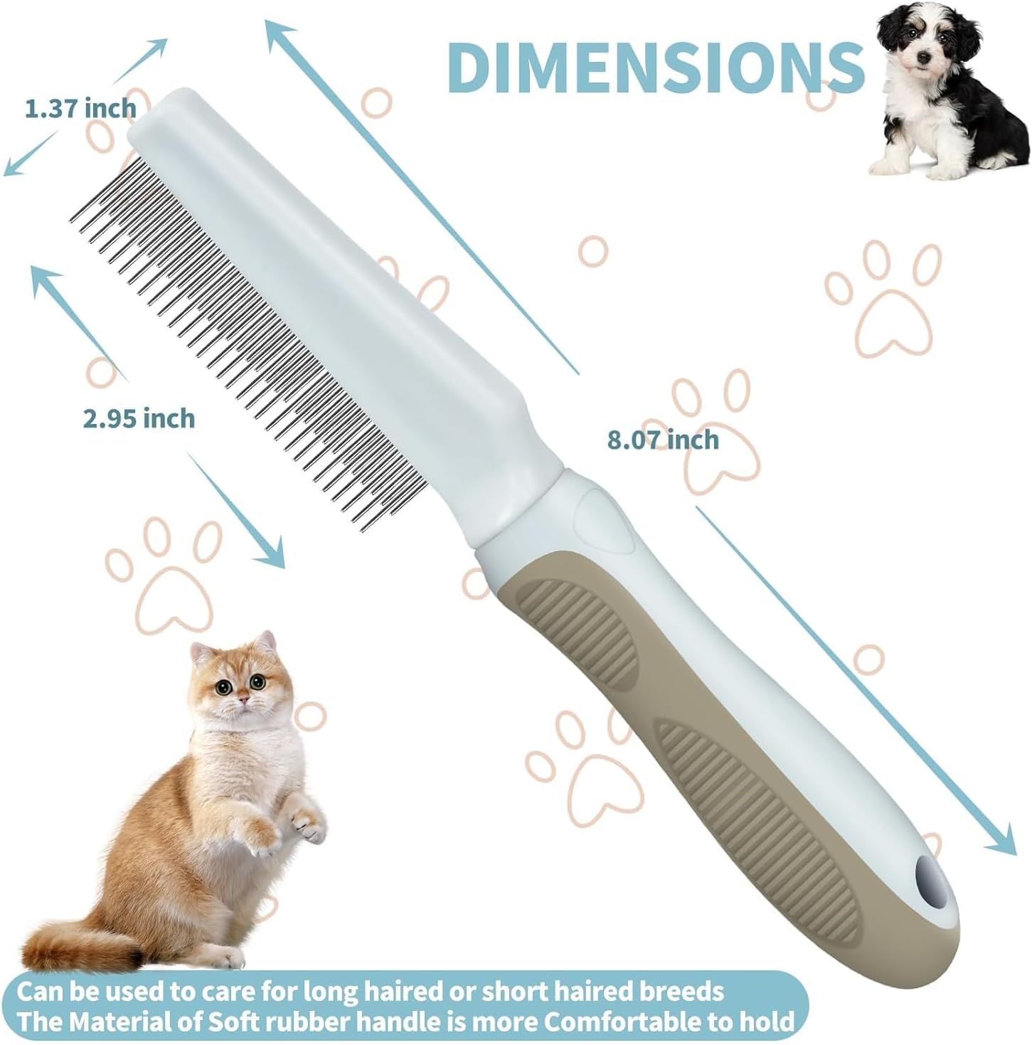 Ergonomic long handled flea comb for pets showing the rounded tips for skin protection.