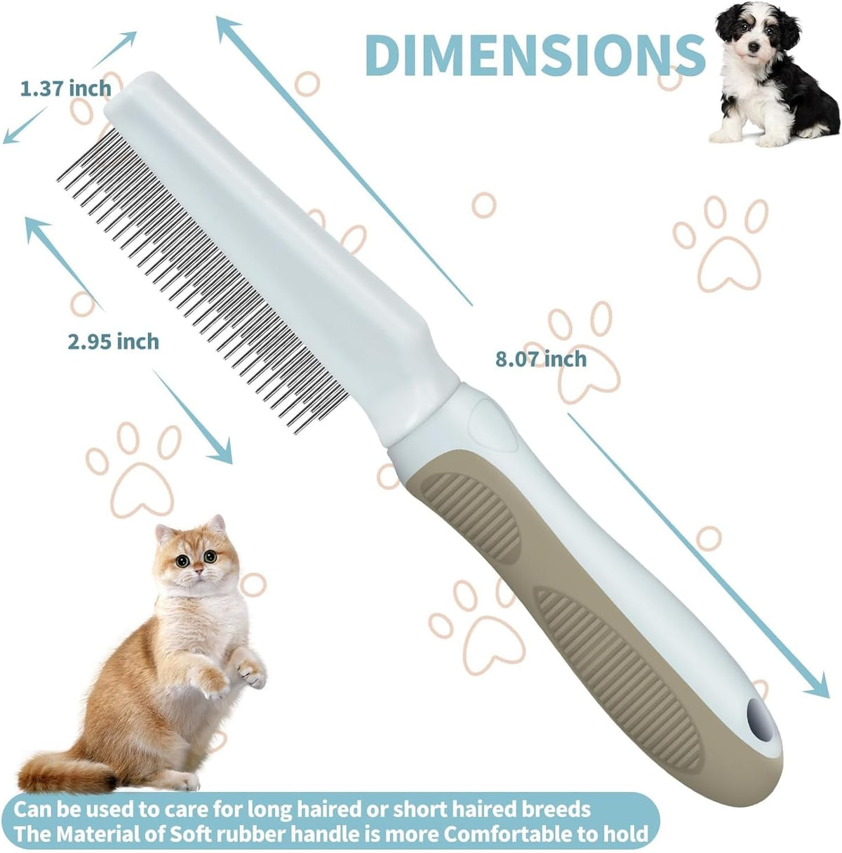 Ergonomic long handled flea comb for pets showing the rounded tips for skin protection.