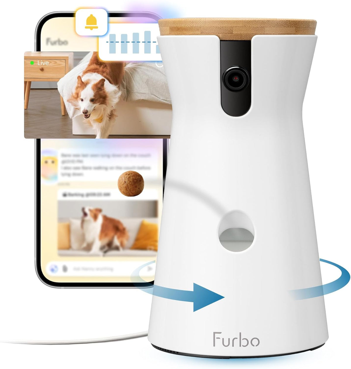 Furbo 360 Degree Dog Camera front view showing sleek white design and wooden cover