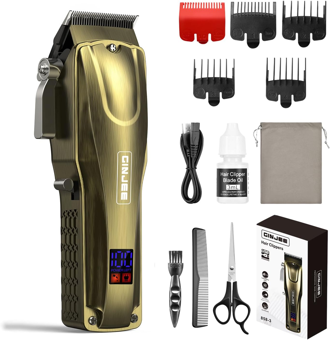 GinJee professional hair clippers for men front view in gold premium finish