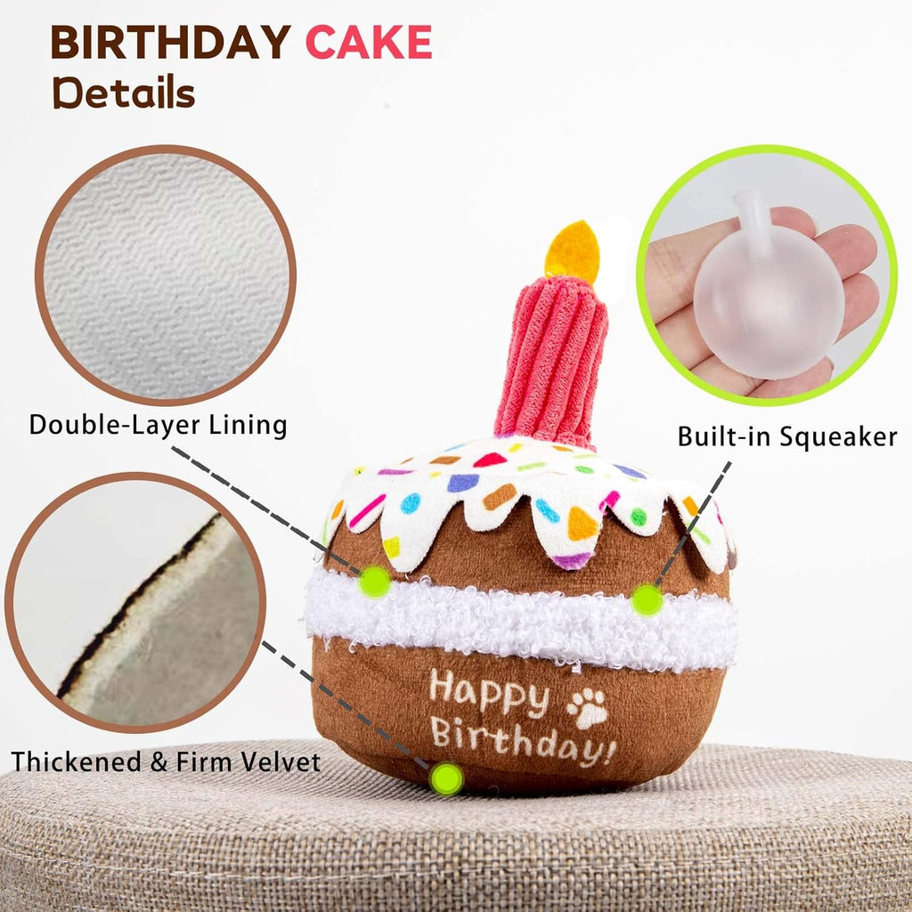 Squeaky chocolate cake toy for puppy gifts showing the compact 4.5 by 5 inch dimensions