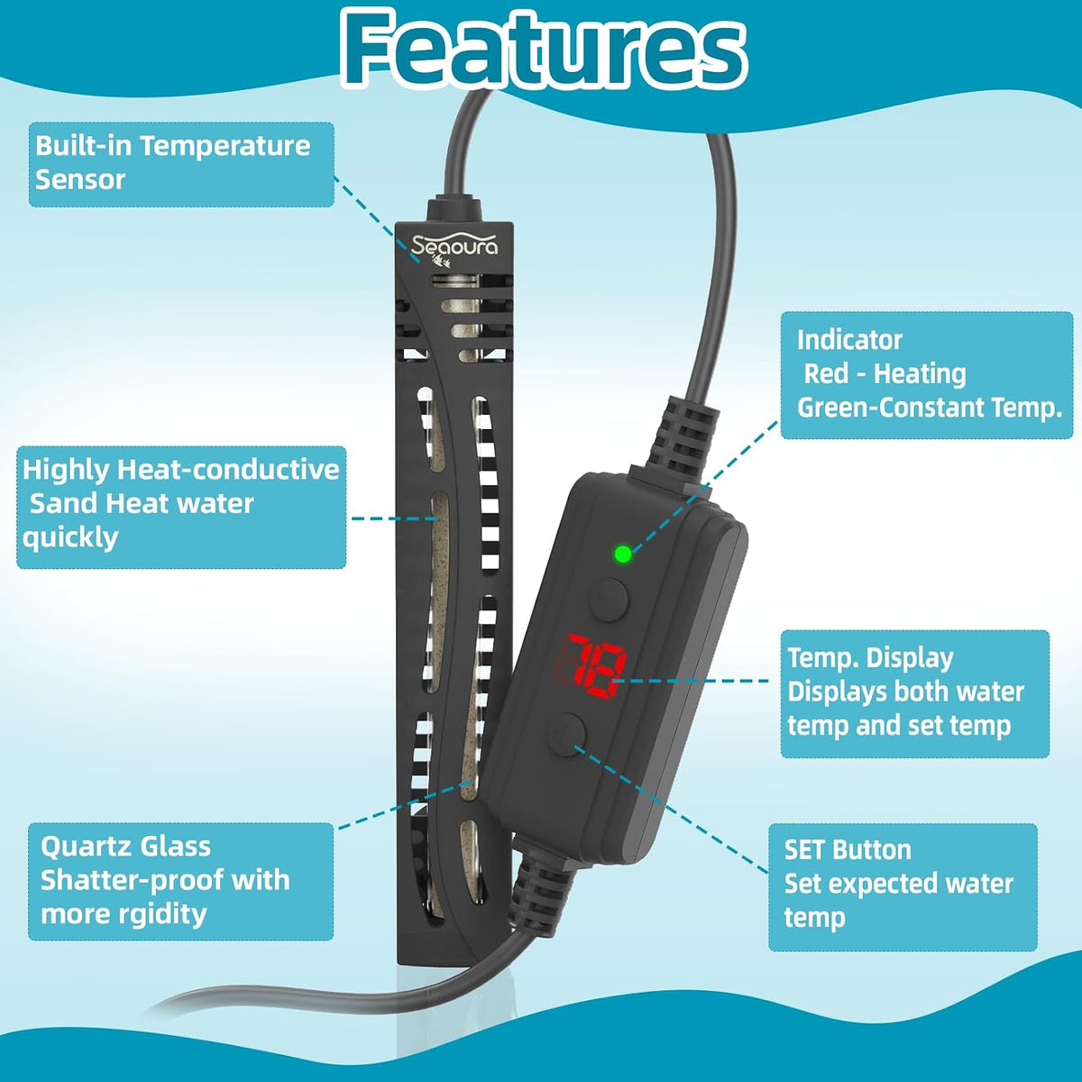 Seaoura submersible fish tank heater showing the LED temperature display