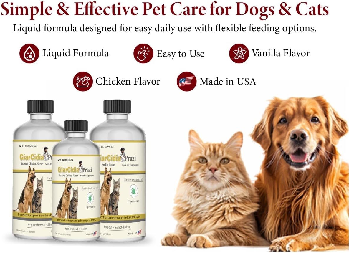 Premium imported Giarcidia pet health supplement bottle focused on effective tapeworm elimination for domestic cats and dogs.