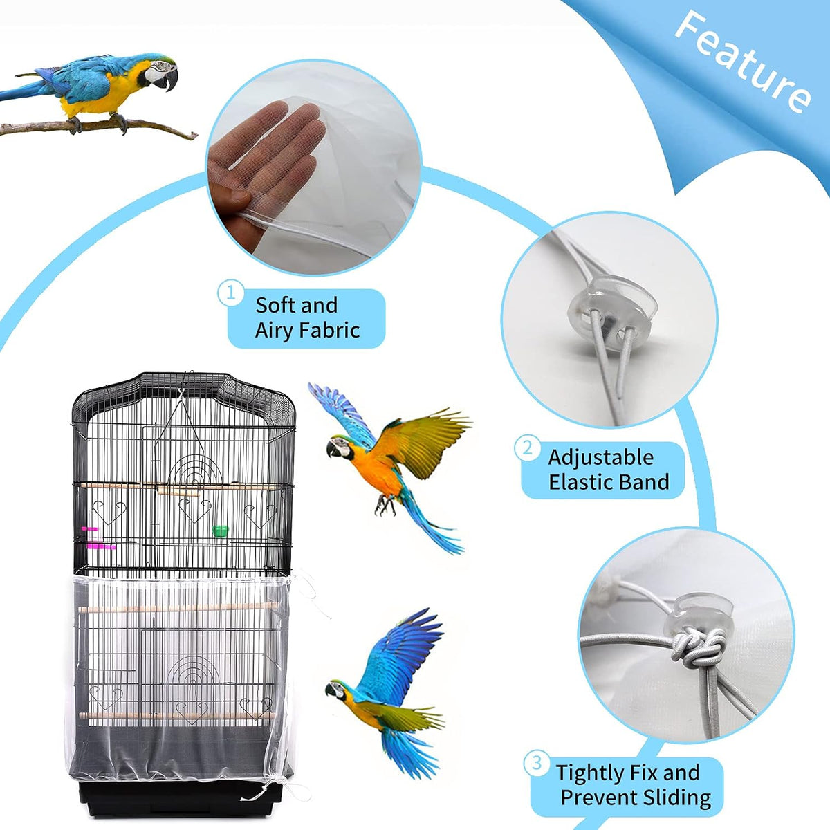 Daoeny white mesh skirt installed on a square metal bird cage