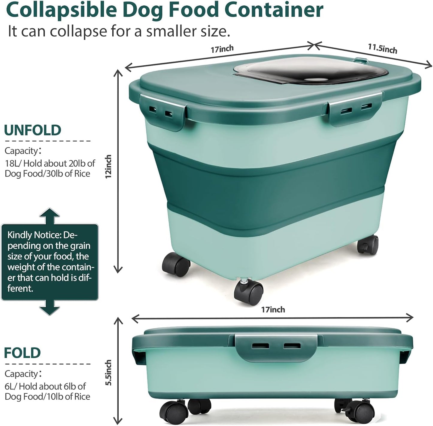Viretec pet food bin collapsed down to its smaller travel-friendly size variant.