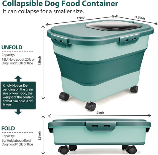 Viretec pet food bin collapsed down to its smaller travel-friendly size variant.