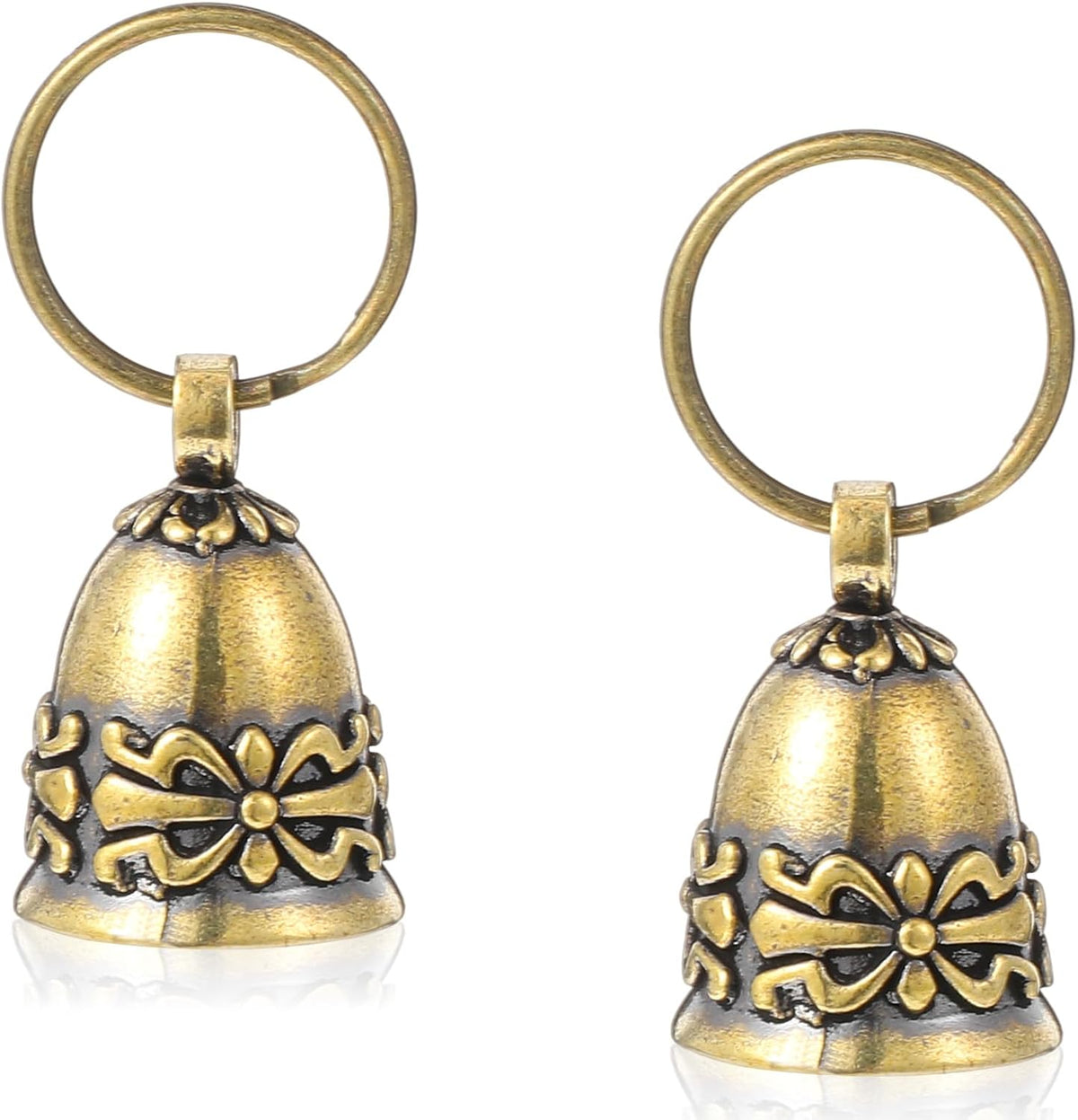 AsYeegata vintage brass dog collar bell front view showcasing the embossed floral pattern details