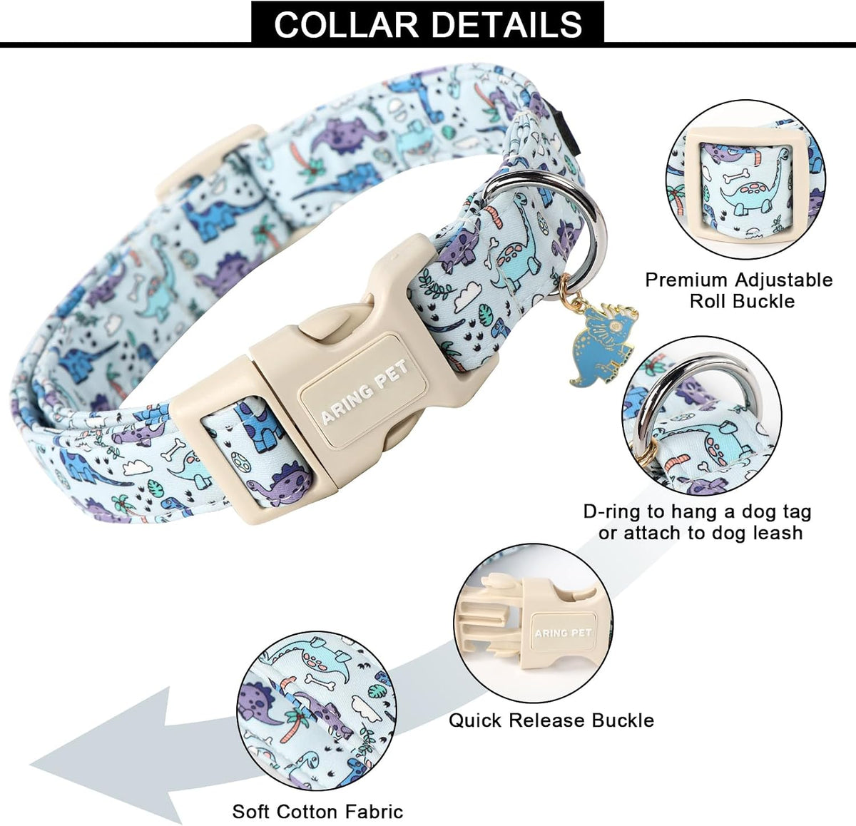 Small dog wearing blue dinosaur print collar