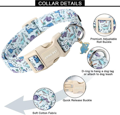 Small dog wearing blue dinosaur print collar