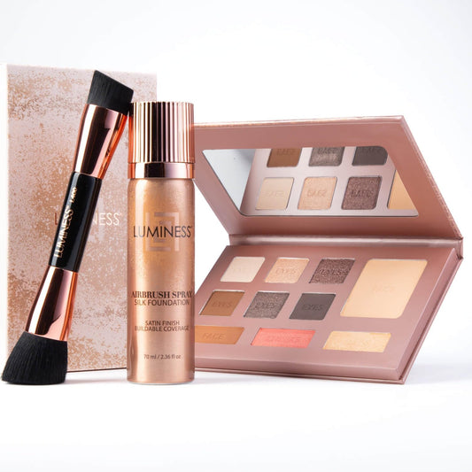 Luminess Face Time All In One Makeup Kit front view featuring the spray foundation can, palette, and brush.