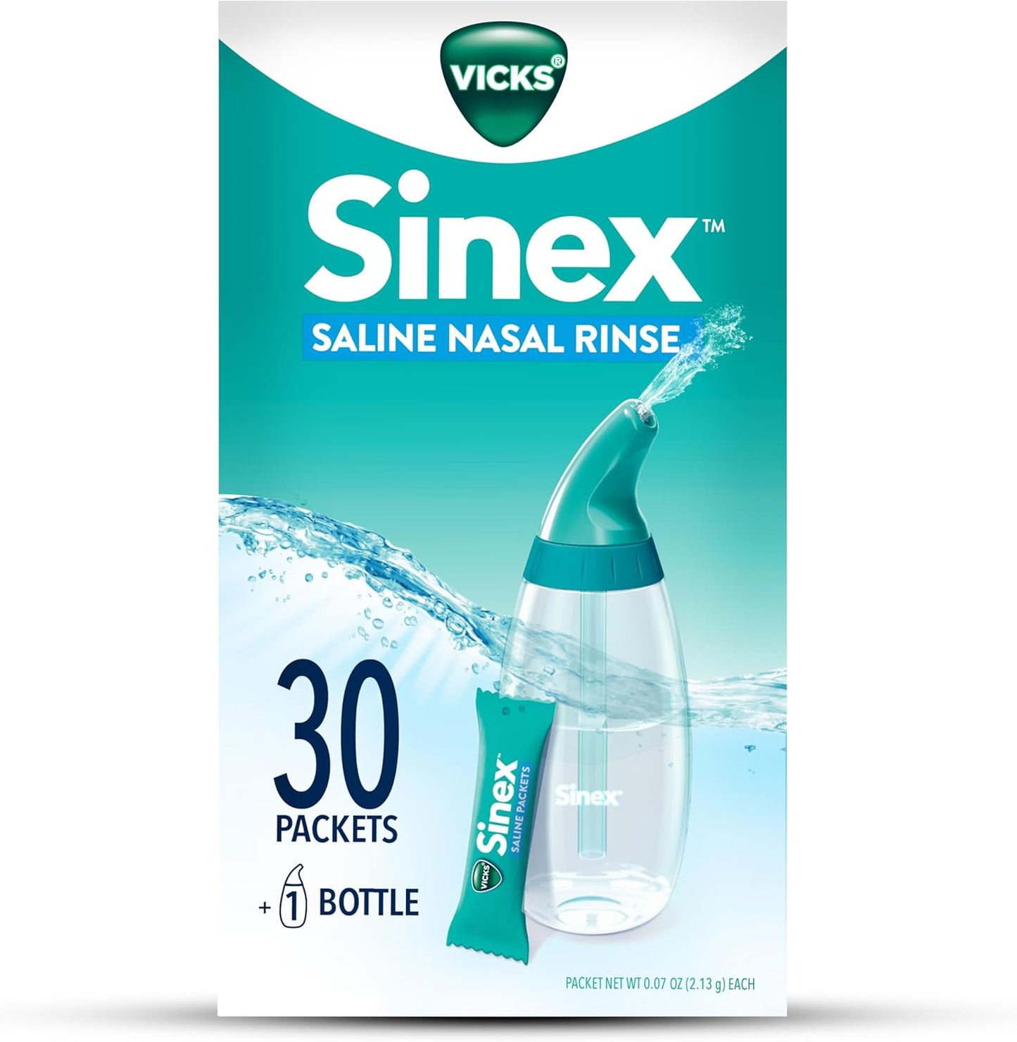 Vicks Sinex Saline Nasal Rinse Starter Kit front view bottle and box.