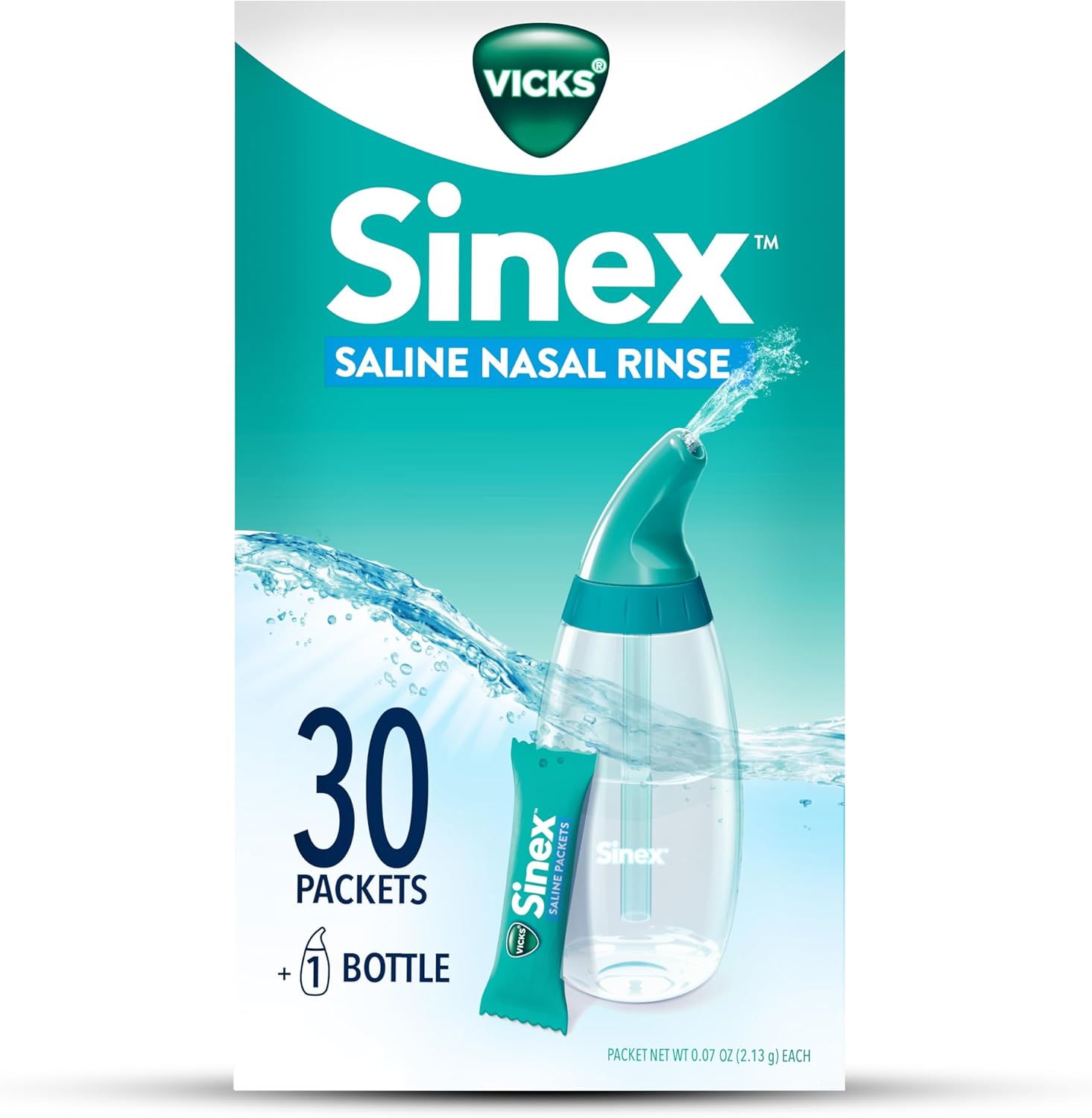 Vicks Sinex Saline Nasal Rinse Starter Kit front view bottle and box.