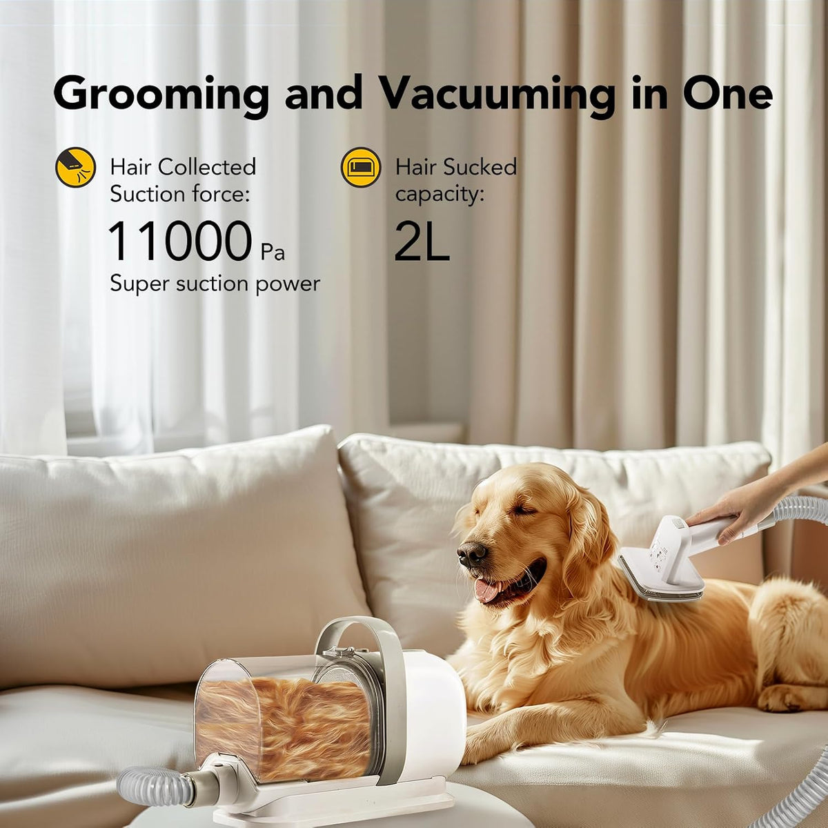ZOVII quiet pet vacuum cleaner illustrating the five levels of adjustable suction control