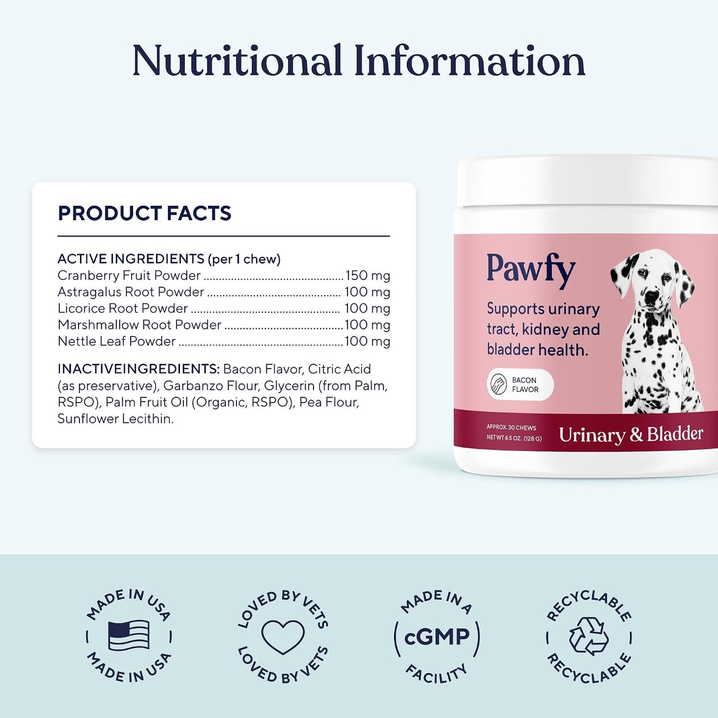 Bacon flavored Pawfy dog supplements for bladder infection relief.
