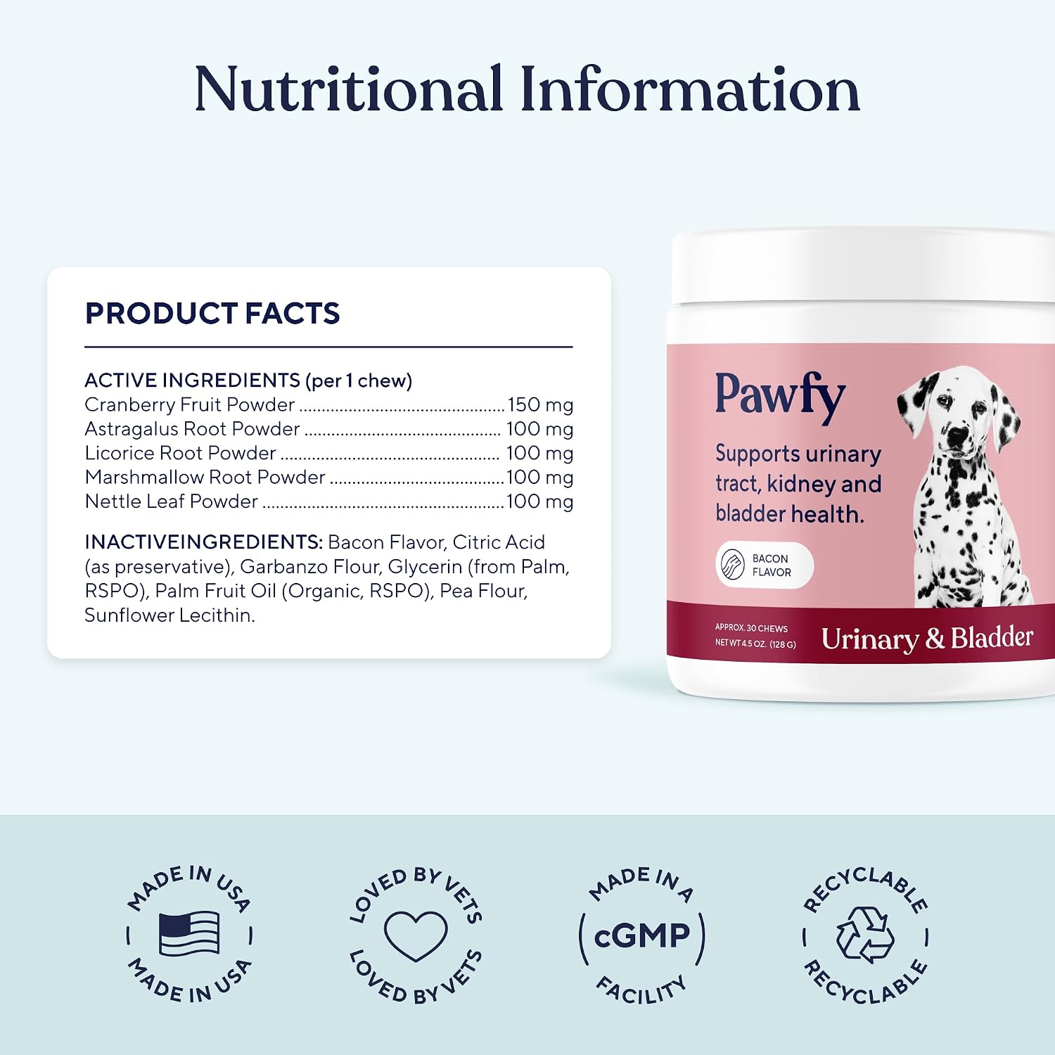 Bacon flavored Pawfy dog supplements for bladder infection relief.