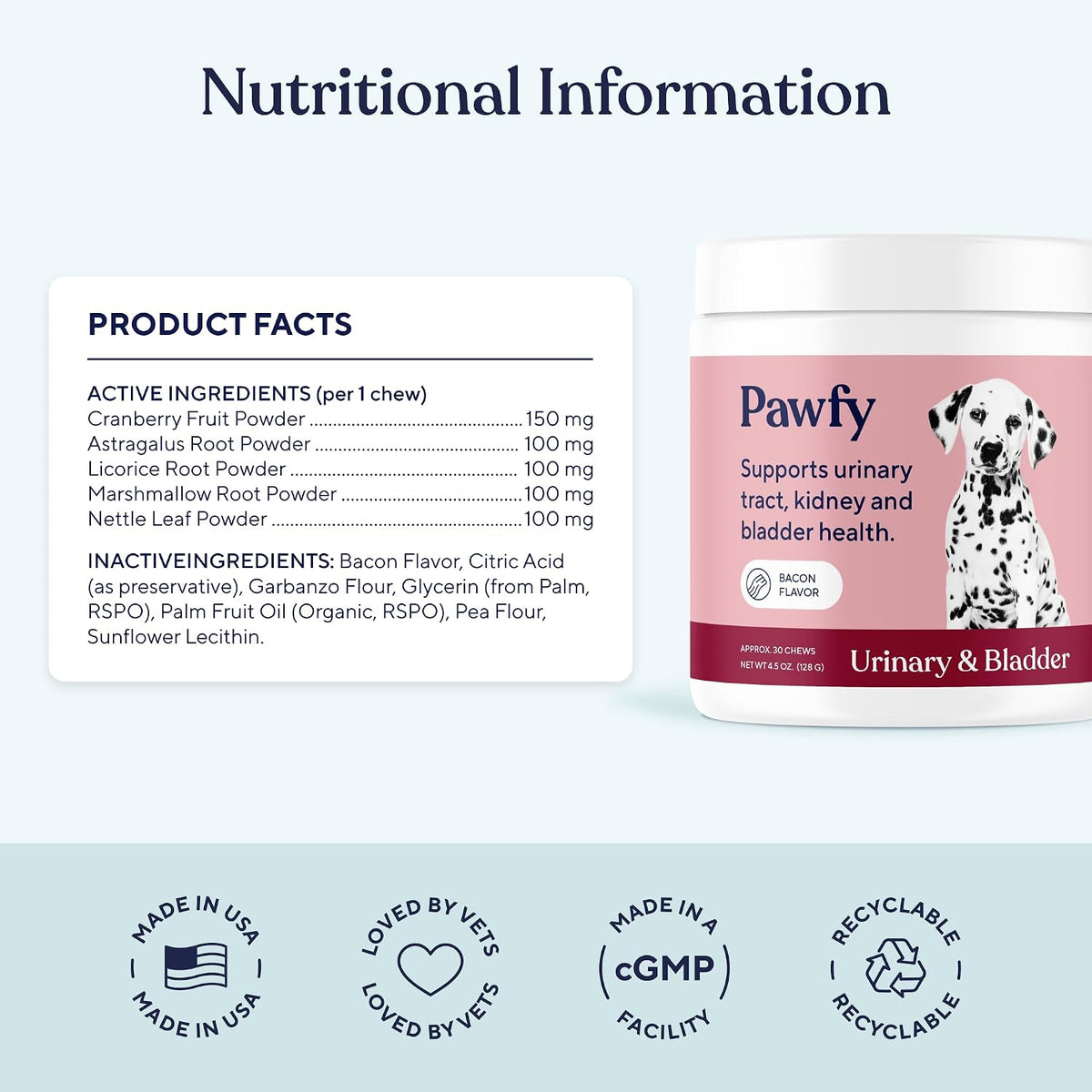 Bacon flavored Pawfy dog supplements for bladder infection relief.