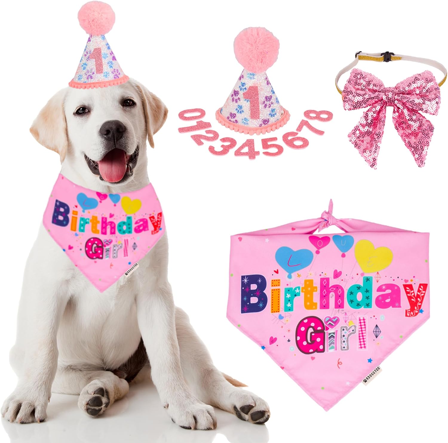 ADOGGYGO Dog Birthday Party Supplies, Pink Girl Puppy Birthday Bandana Hat Numbers Bow Set for Small Dogs Pets (Small) - Image 11