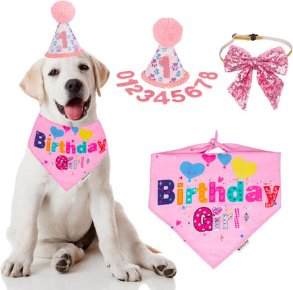 ADOGGYGO Dog Birthday Party Supplies, Pink Girl Puppy Birthday Bandana Hat Numbers Bow Set for Small Dogs Pets (Small) - Image 11