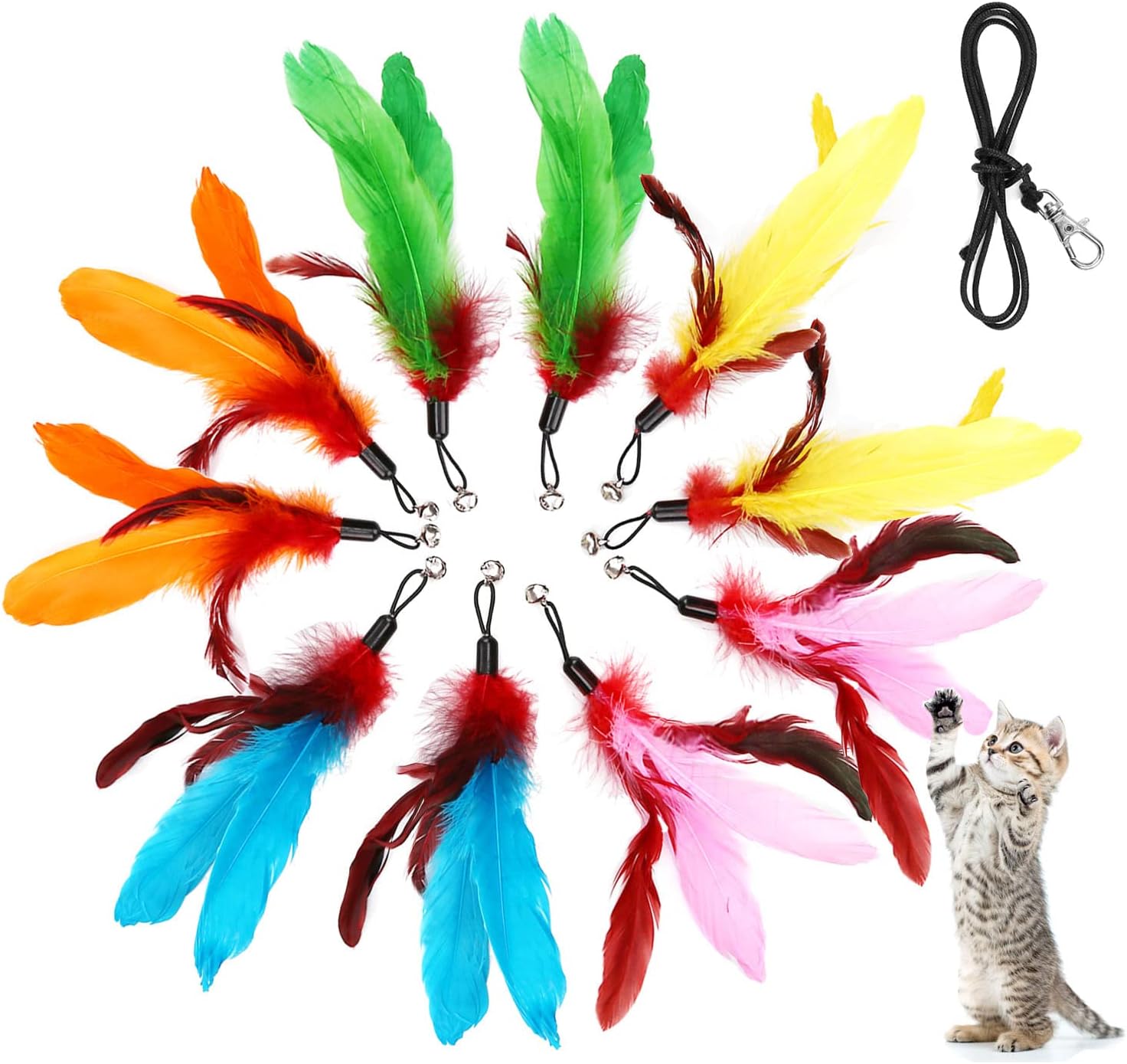 10PCS Cat Worm Toy for Cats, Cat Wand Toy Accessories, Cat Feather Toy Attachments Replacements, and 1PC Black String for Cat Fishing Pole Toy, Assorted Worm Cat Toy Teaser for Indoor Cats Kitten - Image 9