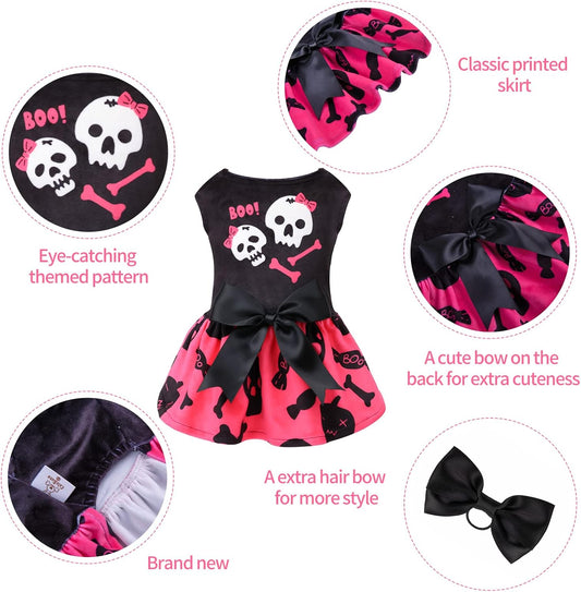 CuteBone pink velvet holiday dog clothes with matching bow hair rope