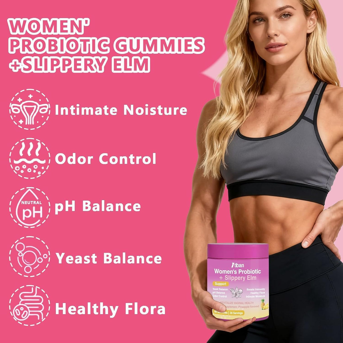 Feminine Vaginal Probiotics Gummies, Supports pH Balance & Digestive Health, Slippery Elm for Women, Suagr-Free, Veagn, Pineapple Flavor, 60 Count - Image 8