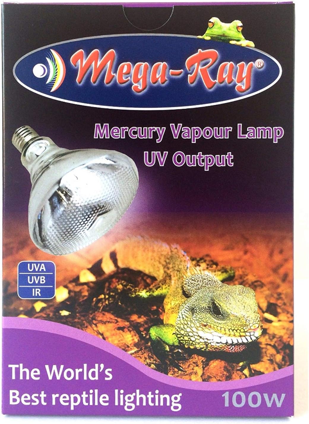 Mega-Ray mercury vapor lamp illuminated inside a reptile terrarium setup demonstrating basking heat.