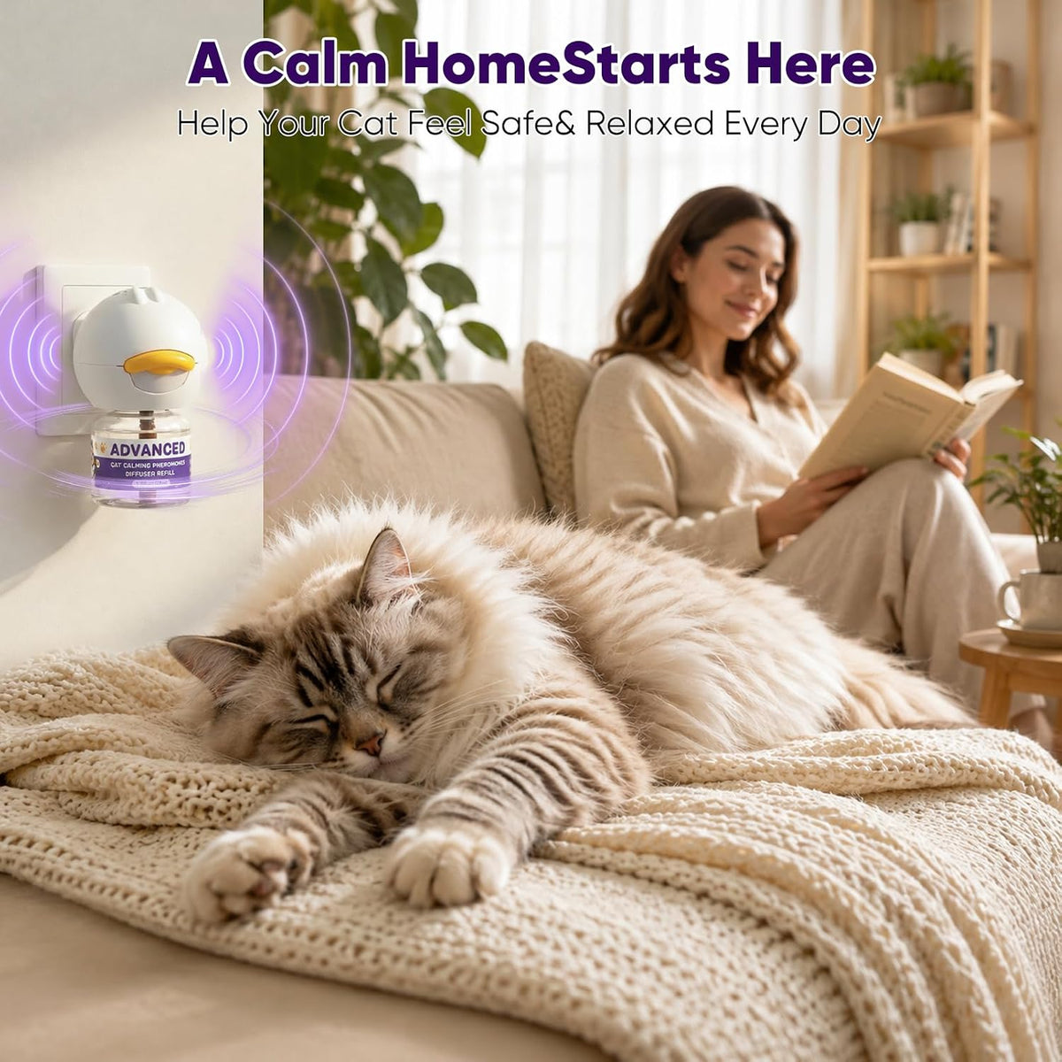Cat Calming Diffuser with Advanced Pheromone Technology, 120 Days Plug in Diffuser for Multi Cat Home, Reduce Stress, Urine Spraying, Scratching, Hiding, Support Calm Behavior, 2 Diffusers, 4 Refills - Image 2