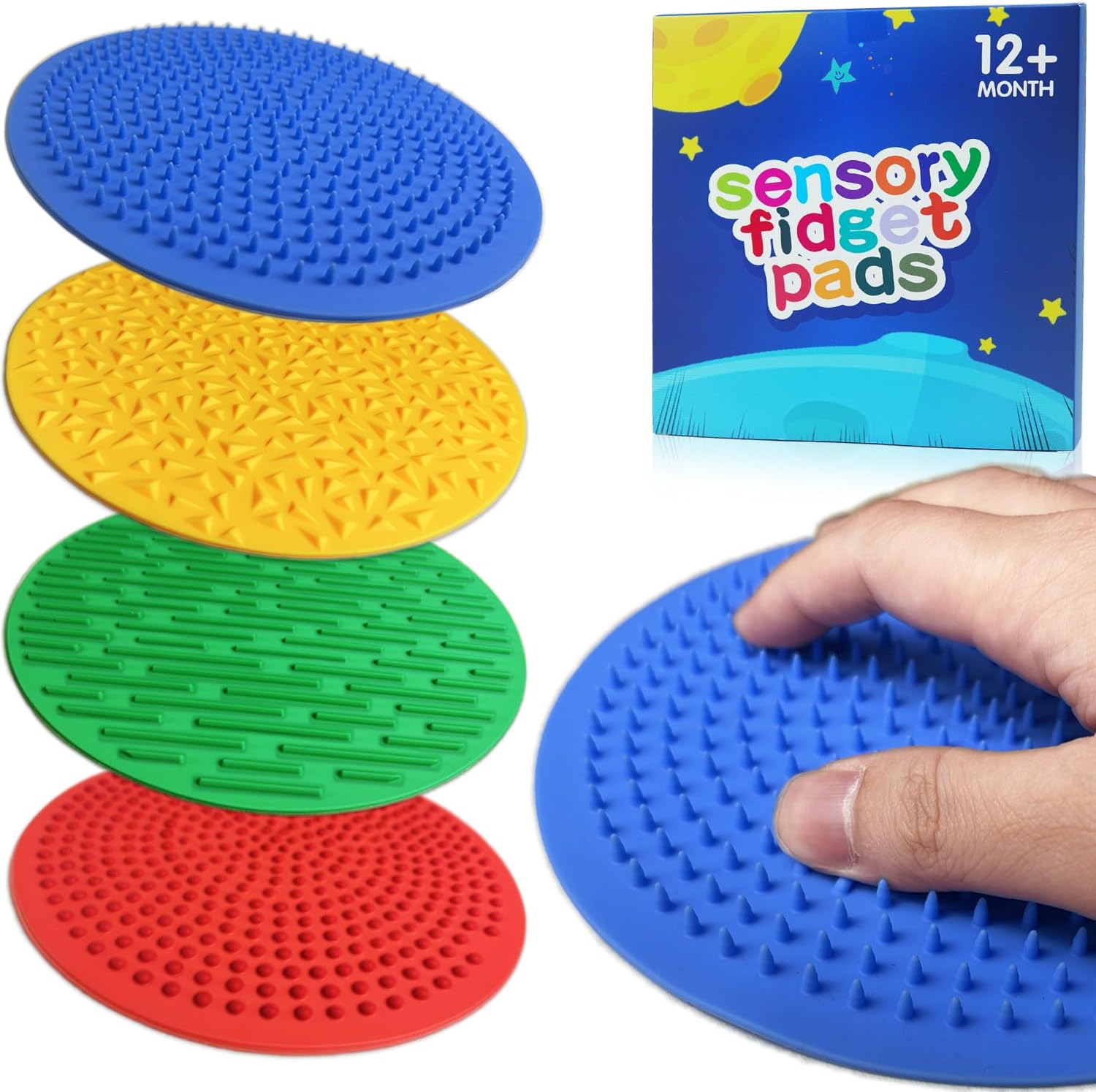 CHESLICR sensory wall fidget toys four pack front view showing different colored textured silicone pads