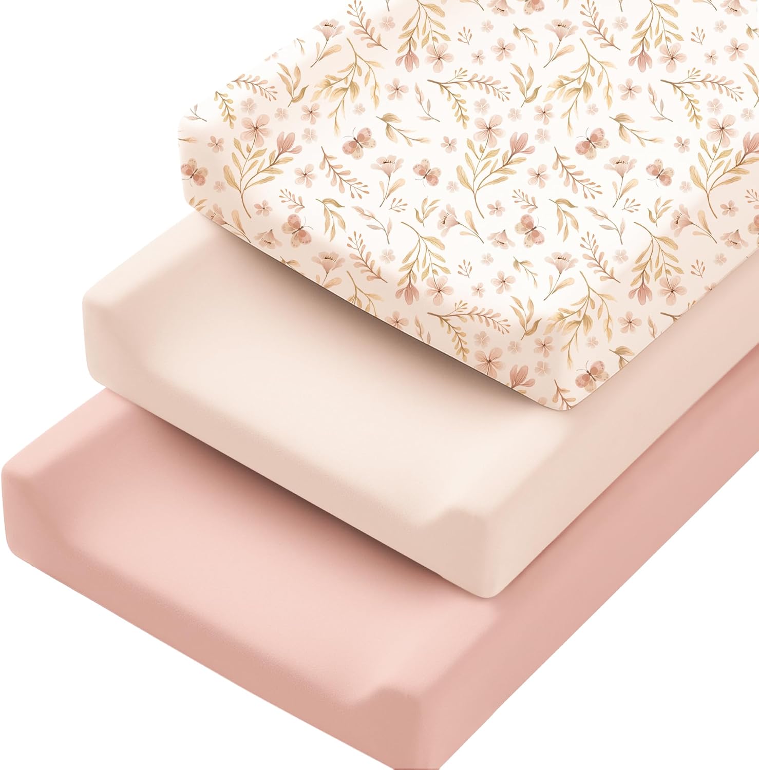 Konssy stretchy changing pad covers front view of three pack in pink spring floral patterns