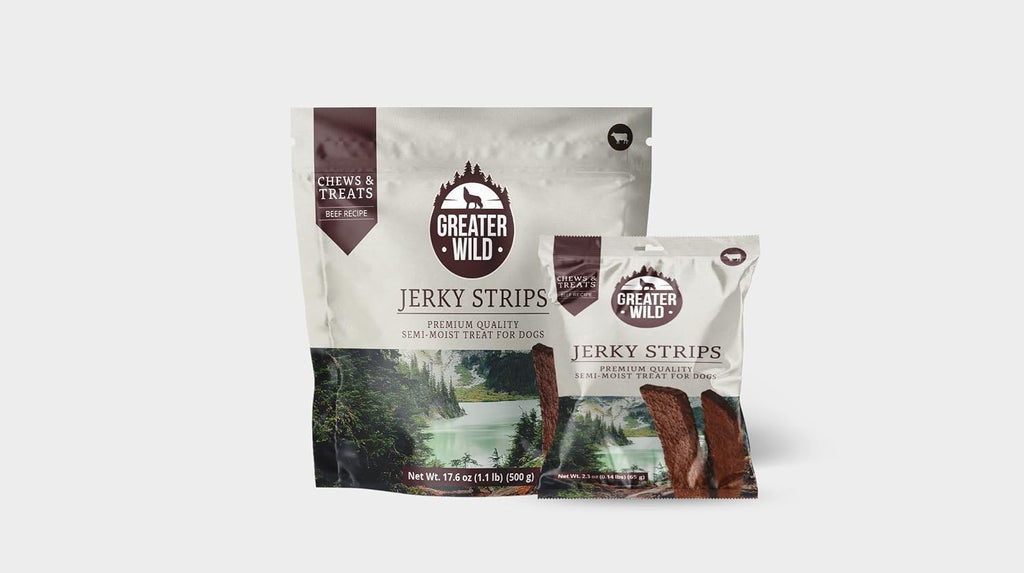 Greater Wild beef jerky strips packaging nutrition label.
