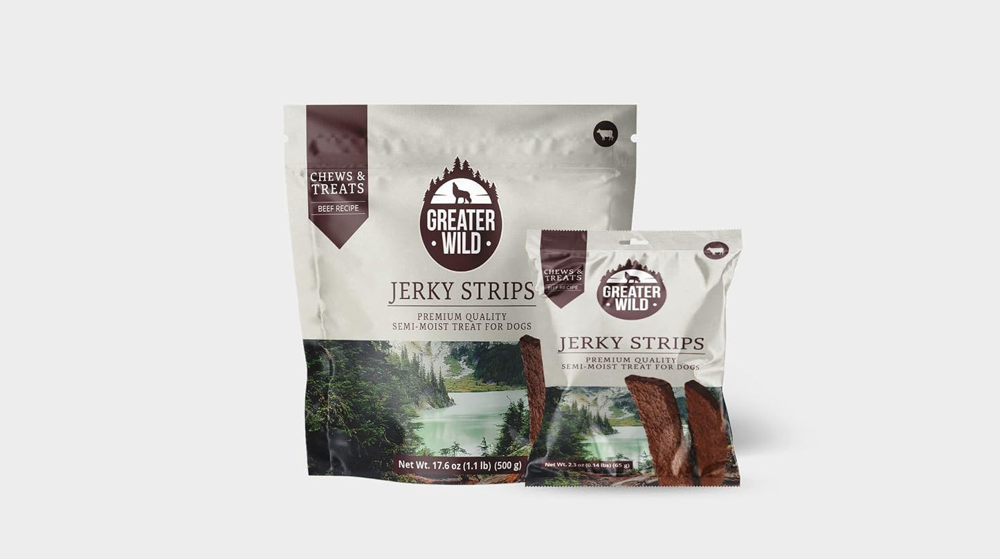 Greater Wild beef jerky strips packaging nutrition label.