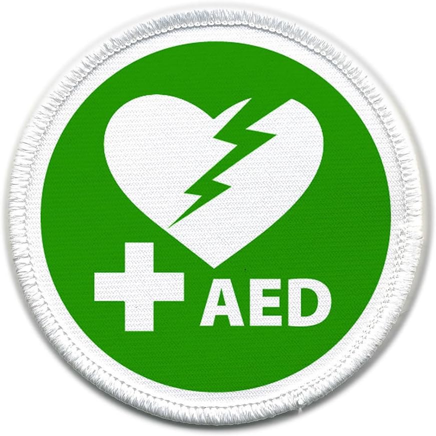 couoi AED Defibrillator Certified Green 4 Inch Sew On Patch front view for emergency medical kits.