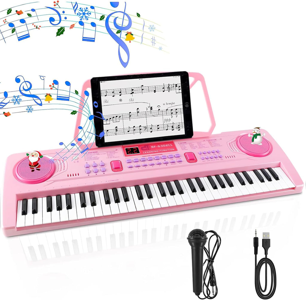 WOSTOO 61 key piano keyboard for kids front view in pink color