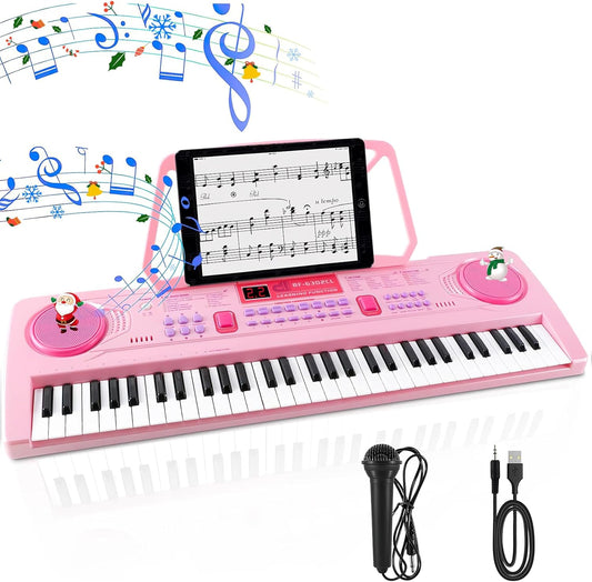 WOSTOO 61 key piano keyboard for kids front view in pink color