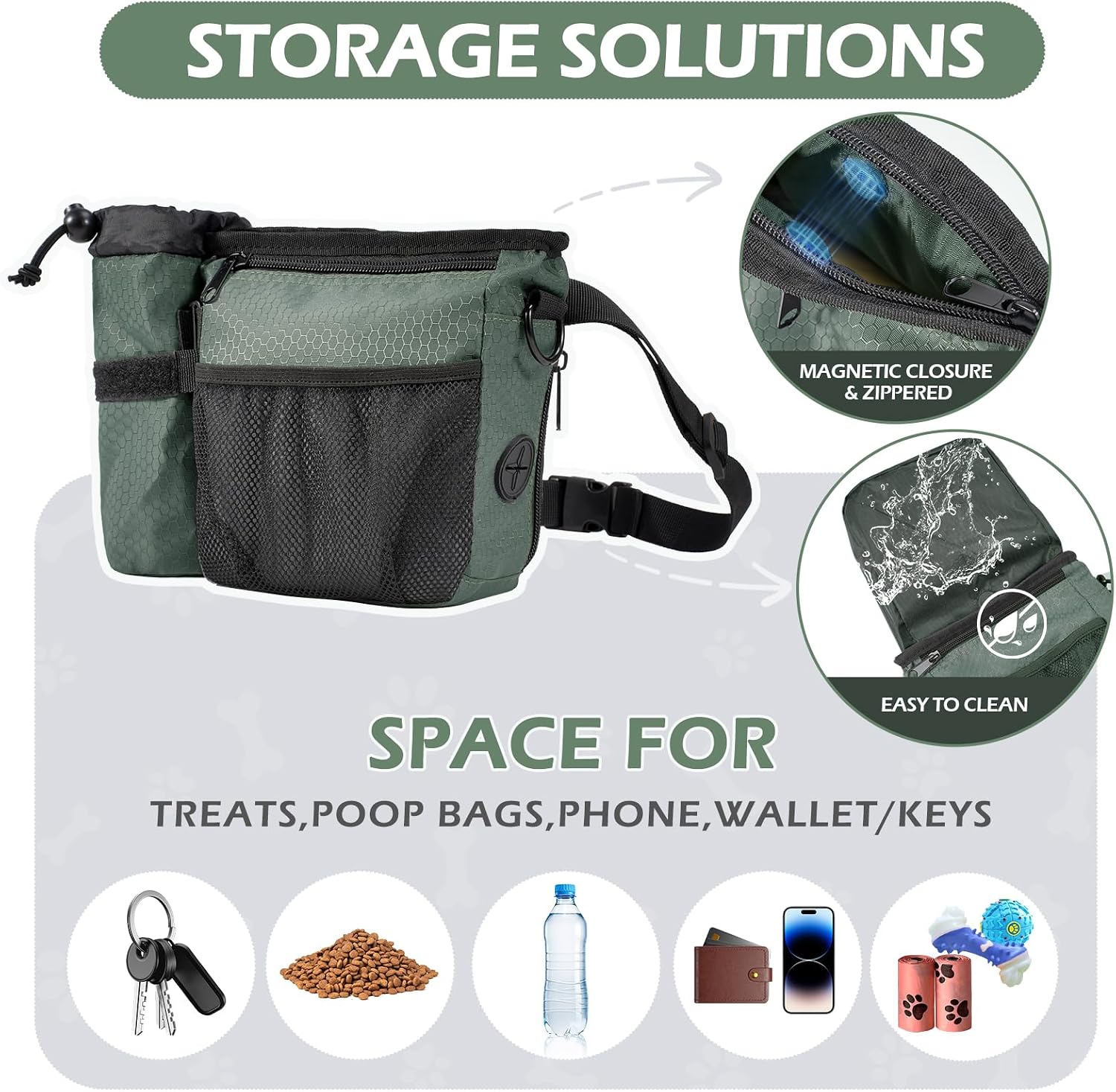 Dog Treat Training Pouch with Magnetic Zipper Closure - Built-in Poop Bag Dispenser, Side Pocket for Dog Water Bottle, 3 Ways to Wear,Carry Kibble & Pet Toys (GrayishGreen) - Image 5