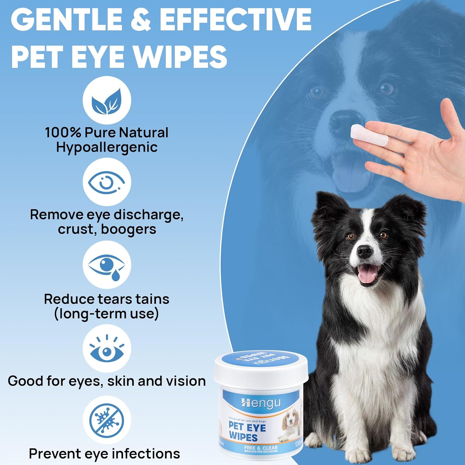 Pre-moistened hypoallergenic pet wipes for dogs and cats removing eye discharge