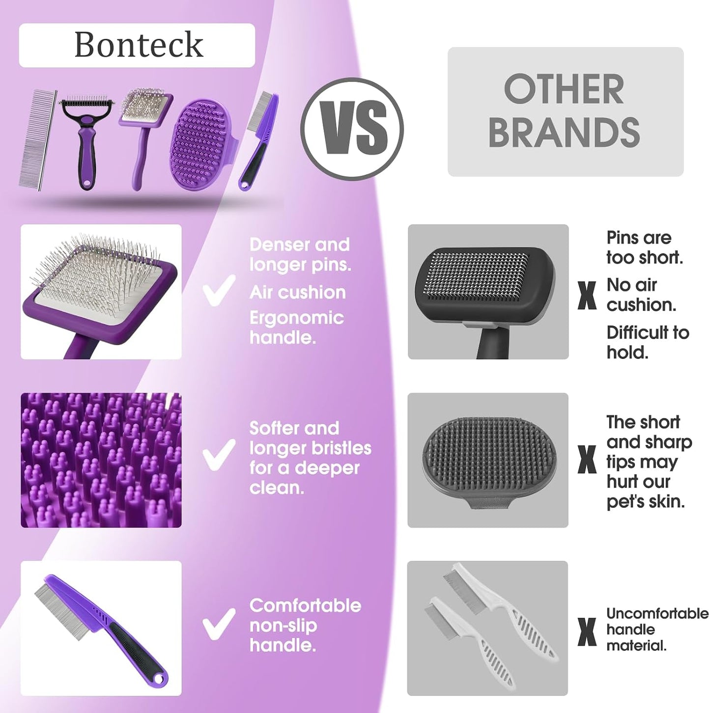 Packaging details of the imported USA Bonteck professional five piece pet grooming kit.
