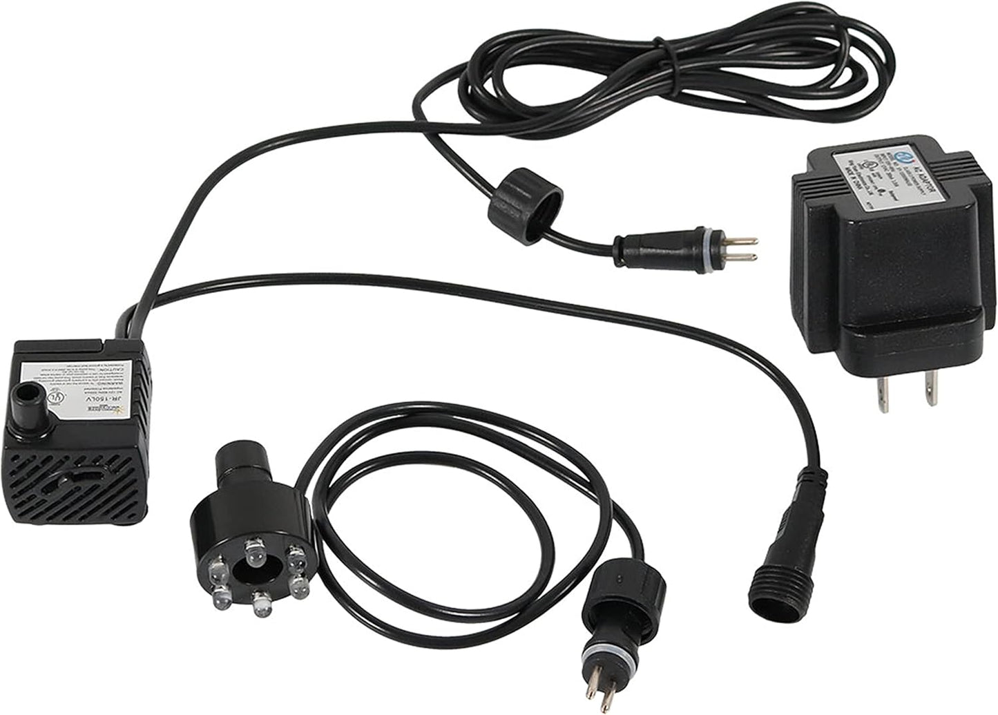 Sunnydaze 40 GPH Submersible Water Pump kit front view with LED light ring and transformer adapter