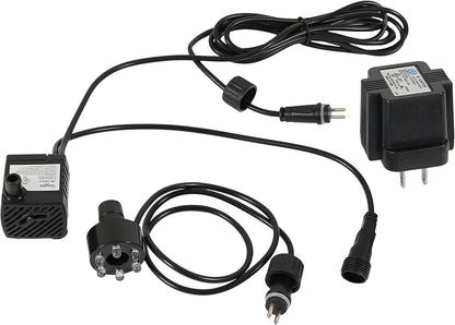 Sunnydaze 40 GPH Submersible Water Pump kit front view with LED light ring and transformer adapter