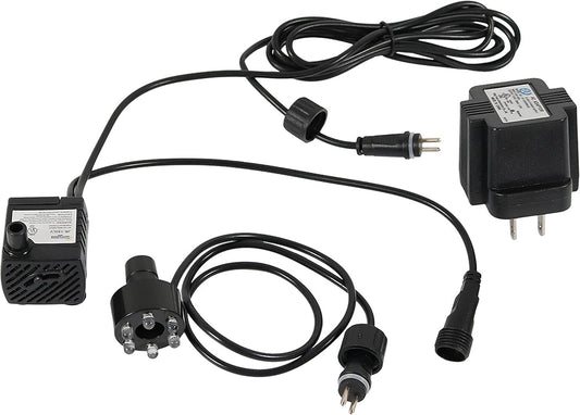 Sunnydaze 40 GPH Submersible Water Pump kit front view with LED light ring and transformer adapter