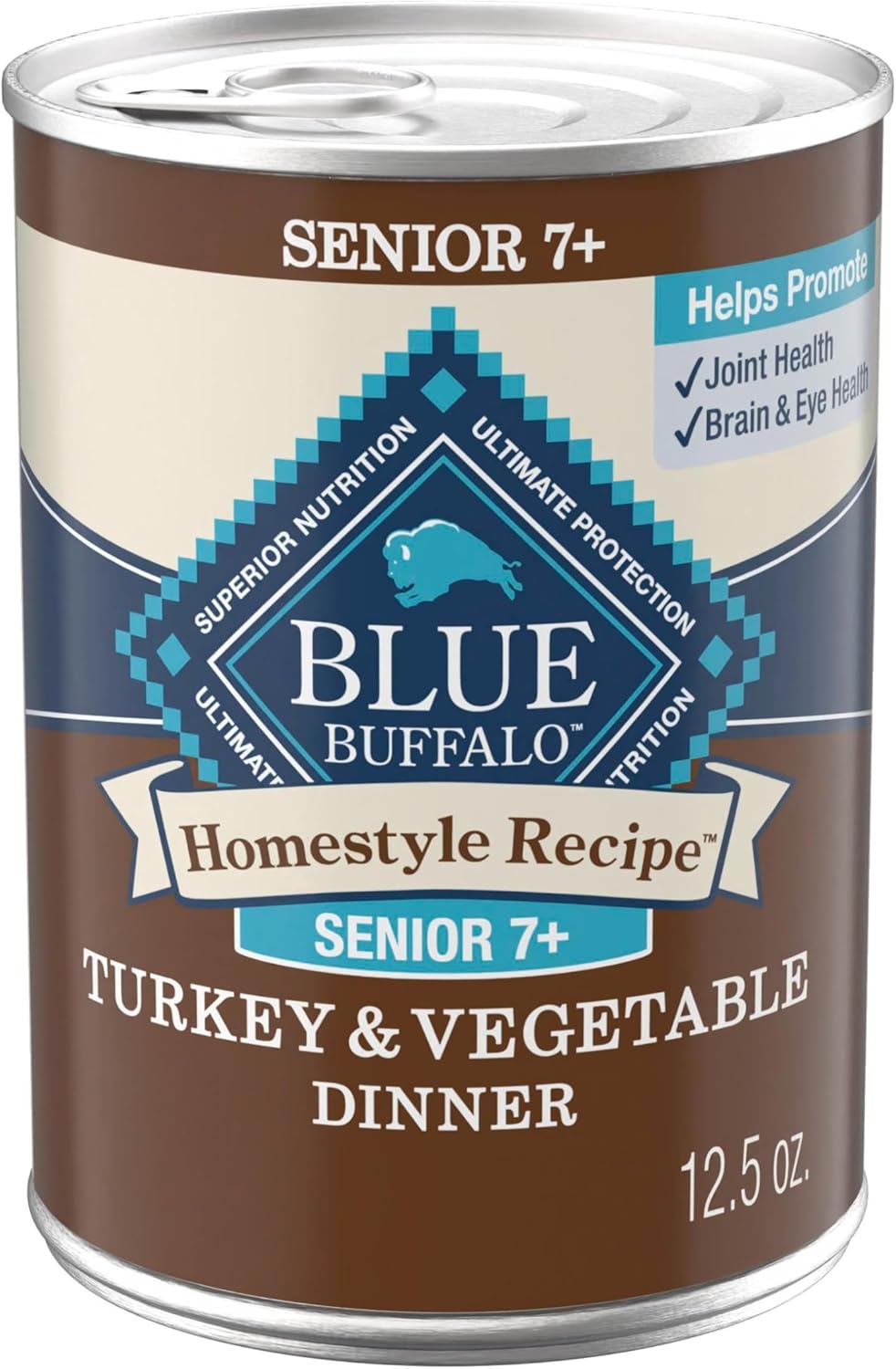 Close up look at Blue Buffalo homestyle chicken dinner label highlighting no corn wheat or soy composition
