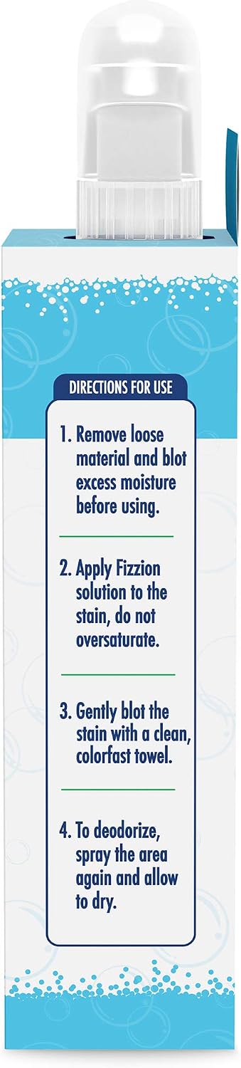 Fizzion cleaning solution bottle in use on carpet surface