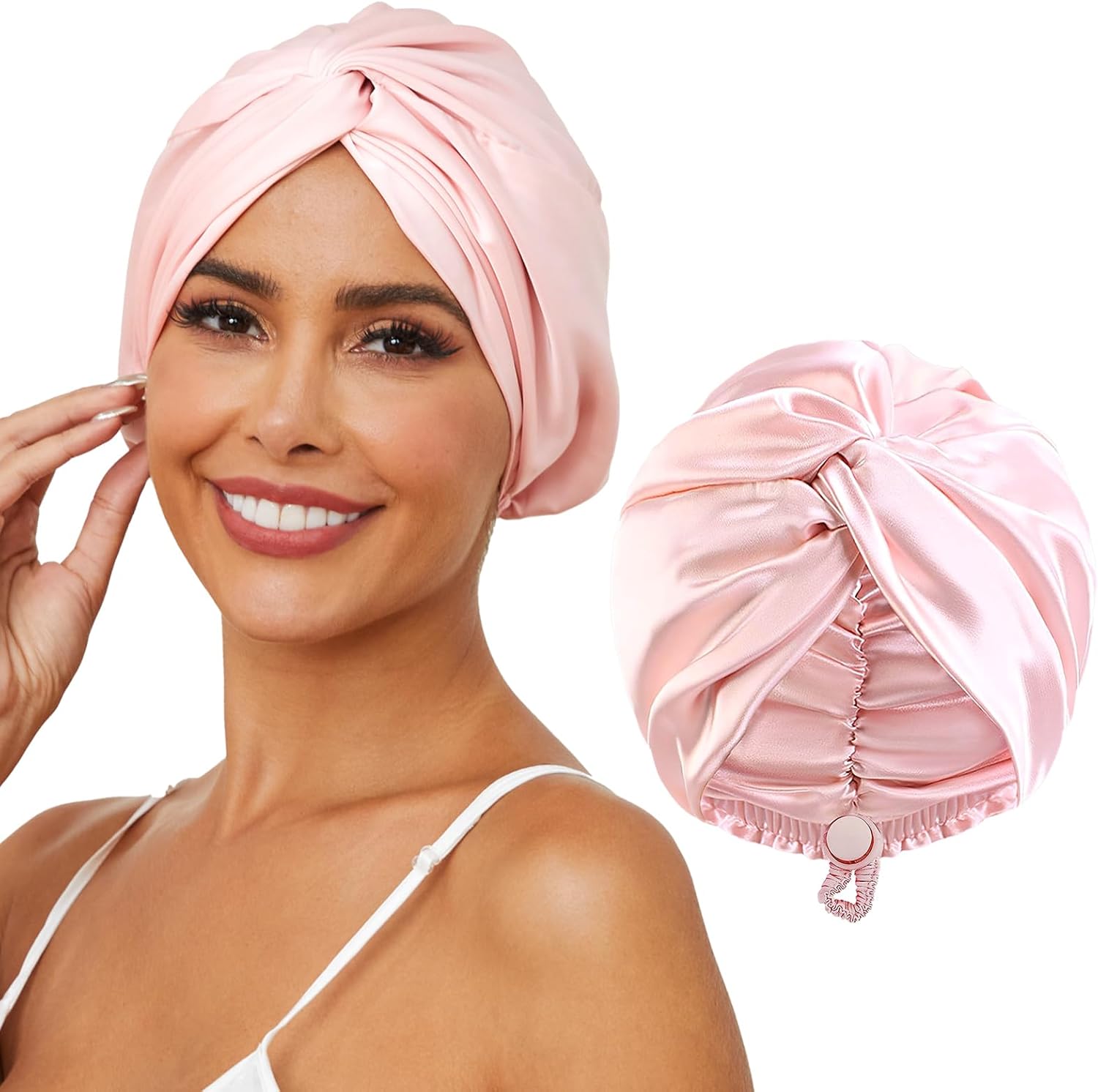 ALMEKAQUZ adjustable silk satin hair bonnet royal pink front view