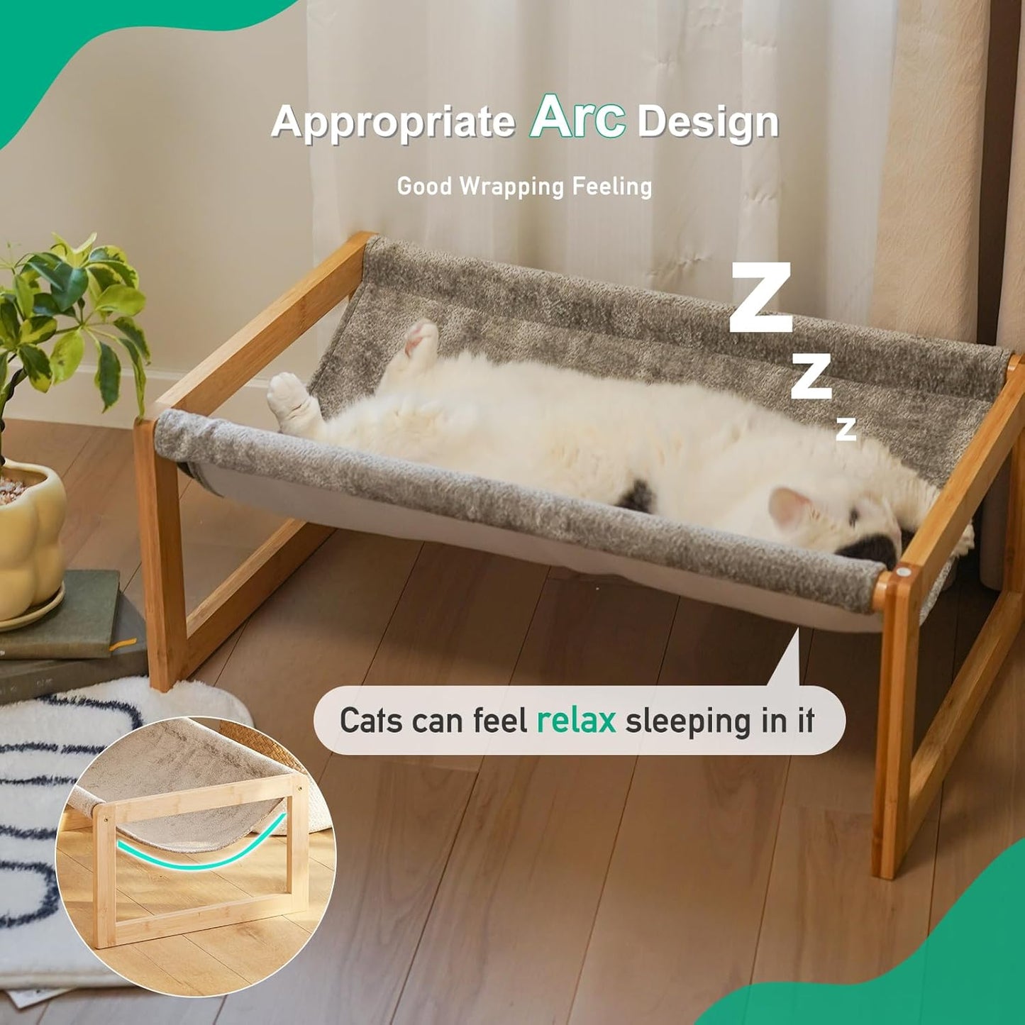 Kiplant cat hammock with wooden frame in living room setting