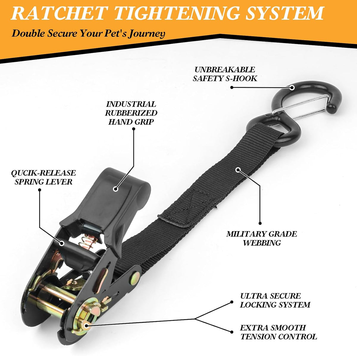 Ratchet tightening mechanism on Skipwall dog safety leash