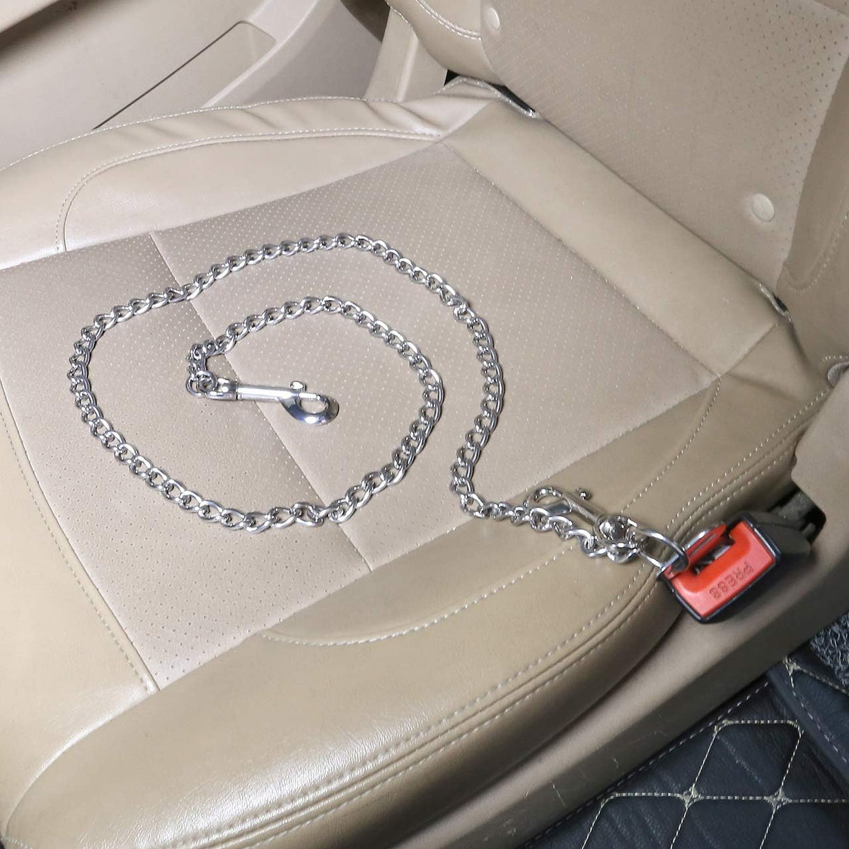 Close up of stainless steel dog safety cable