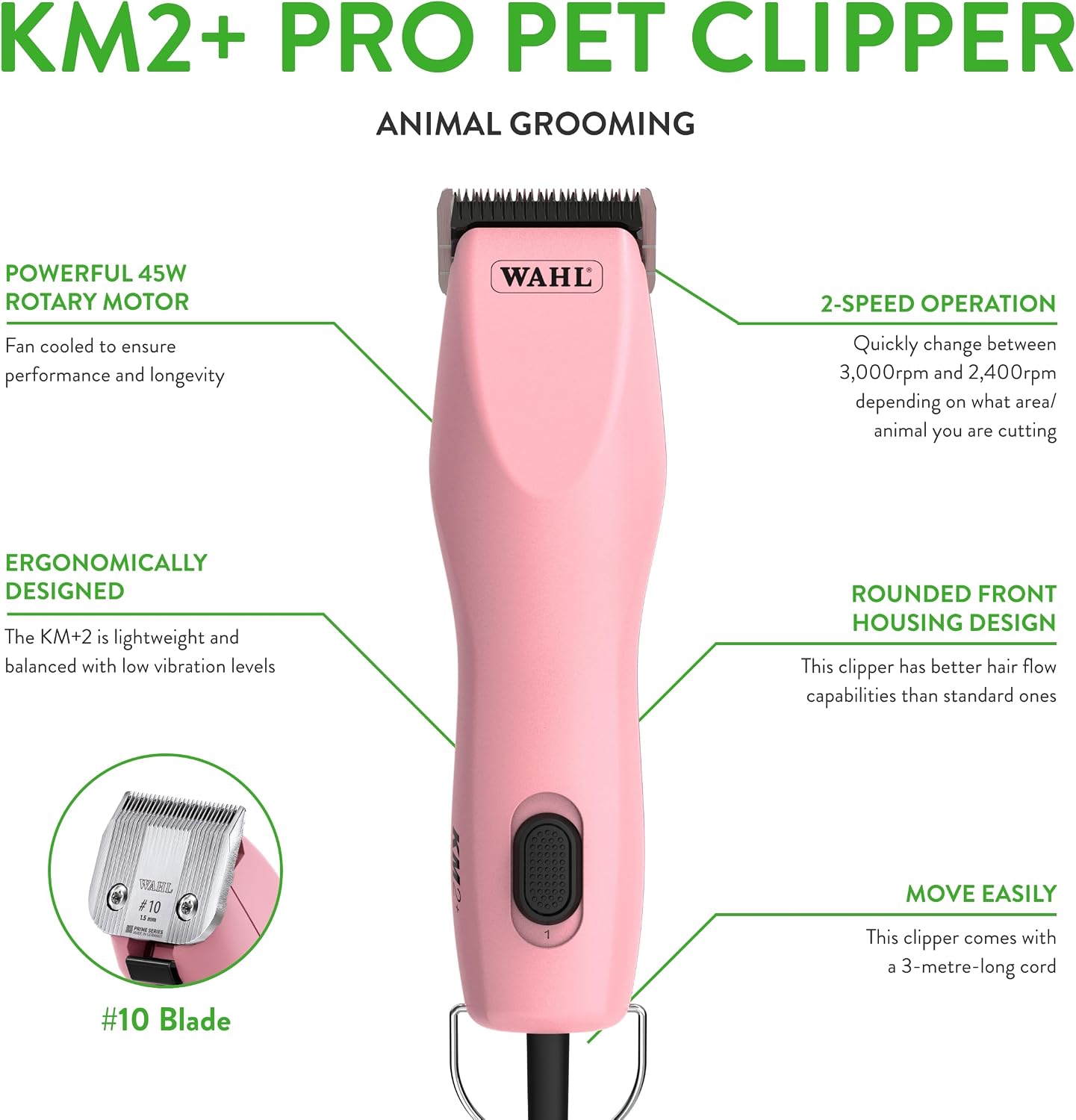 Wahl KM2 Plus pink pet clipper showing the high carbon steel Number 10 blade close up