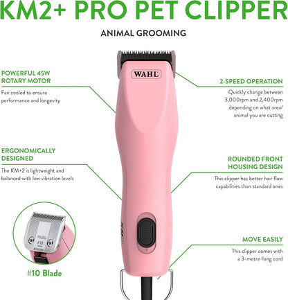 Wahl KM2 Plus pink pet clipper showing the high carbon steel Number 10 blade close up