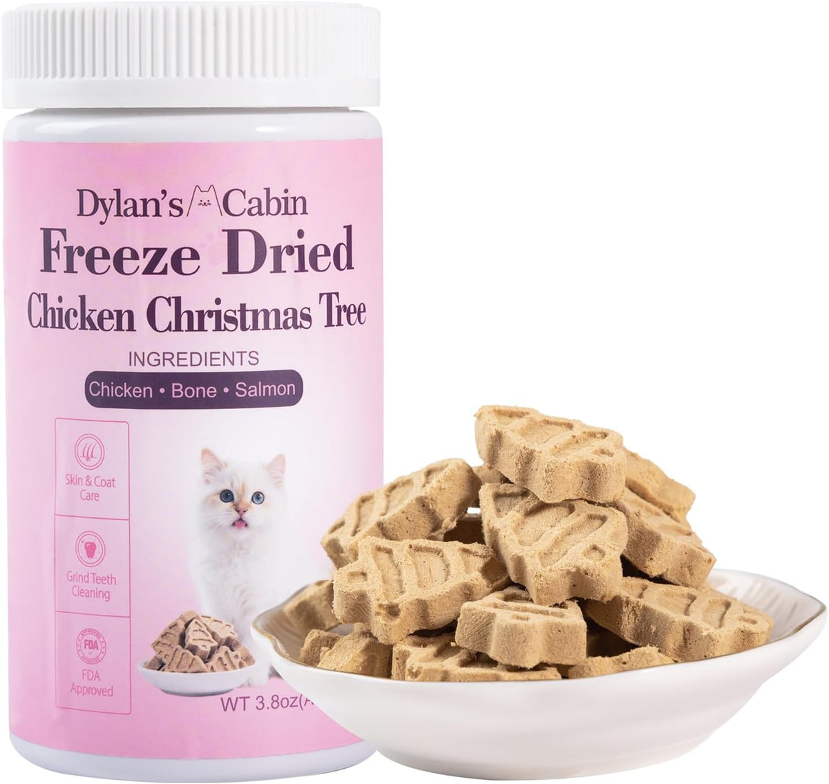 Low calorie premium cat teething cubes back packaging.